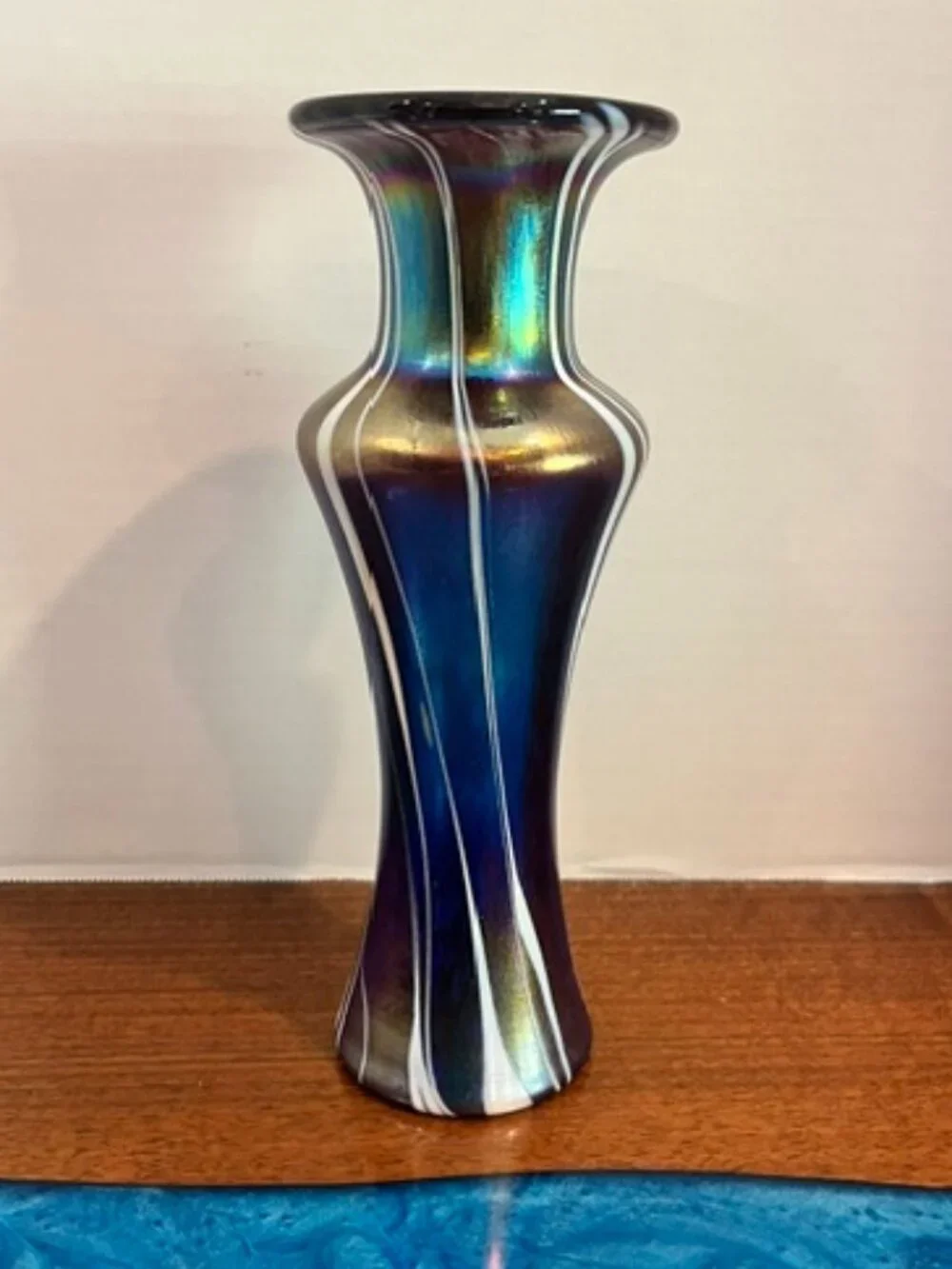 Glass Magic Blue Iridescent Art Glass Pulled Stripe 9.5